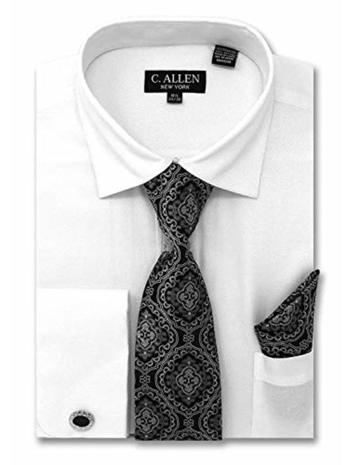 Men's Solid Micro Pattern Regular Fit Dress Shirts with Tie Hanky Cufflinks Combo French Cuffs