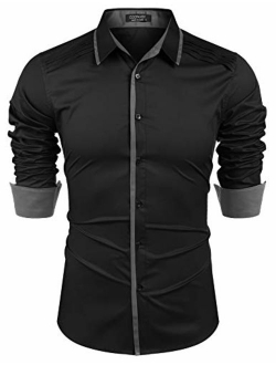 Men's Slim Fit Dress Shirt Contrast Long Sleeve Casual Cotton Button Down Shirts