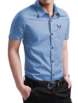 XTAPAN Men's Long Short Sleeve Casual Slim Fit Cotton Fashion Button Down Dress Shirt