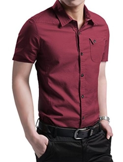 XTAPAN Men's Long Short Sleeve Casual Slim Fit Cotton Fashion Button Down Dress Shirt