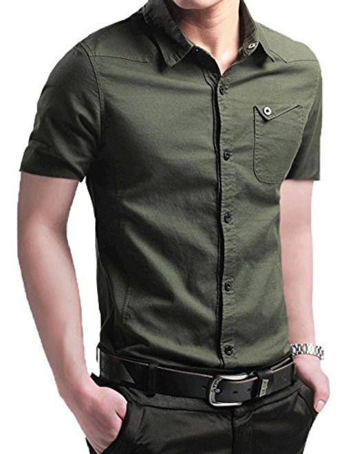 XTAPAN Men's Long Short Sleeve Casual Slim Fit Cotton Fashion Button Down Dress Shirt