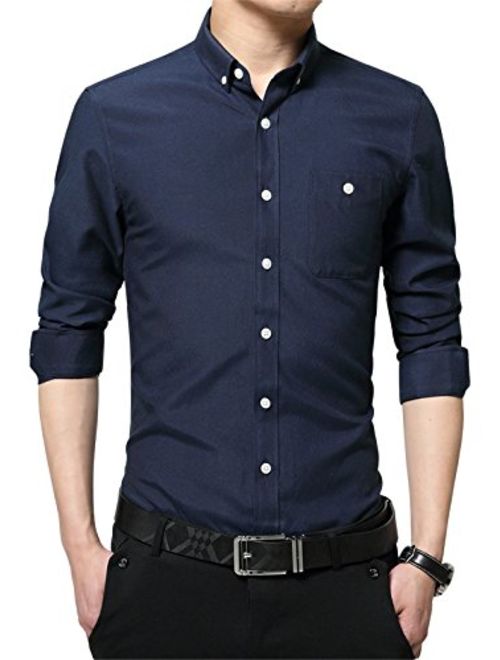 XTAPAN Men's Long Short Sleeve Casual Slim Fit Cotton Fashion Button Down Dress Shirt