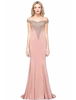 MisShow Long Gold Lace Applique Mermaid Dress Off Shoulder Formal Evening Gowns