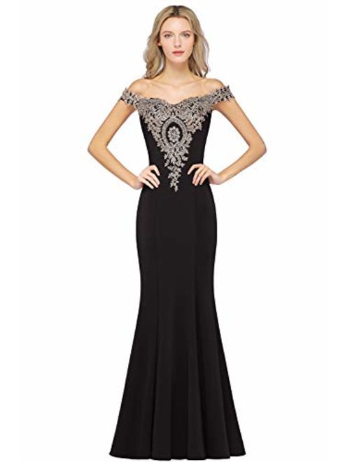 MisShow Long Gold Lace Applique Mermaid Dress Off Shoulder Formal Evening Gowns