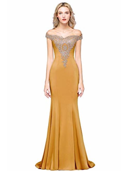 MisShow Long Gold Lace Applique Mermaid Dress Off Shoulder Formal Evening Gowns