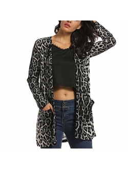 Women Leopard Long Cardigans Coat with Pockets, V Neck Shirt Button Down for Lady, Daily Cardigan Tunic