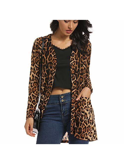 Women Leopard Long Cardigans Coat with Pockets, V Neck Shirt Button Down for Lady, Daily Cardigan Tunic