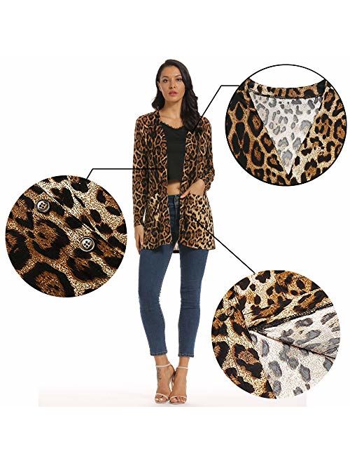 Women Leopard Long Cardigans Coat with Pockets, V Neck Shirt Button Down for Lady, Daily Cardigan Tunic