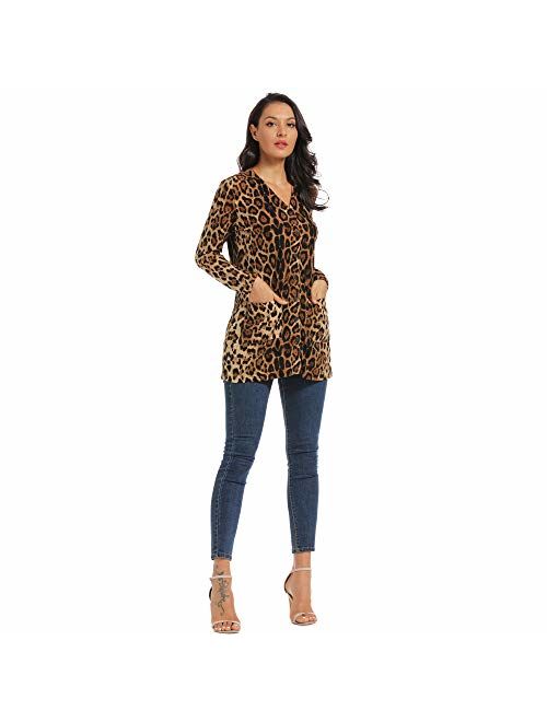 Women Leopard Long Cardigans Coat with Pockets, V Neck Shirt Button Down for Lady, Daily Cardigan Tunic