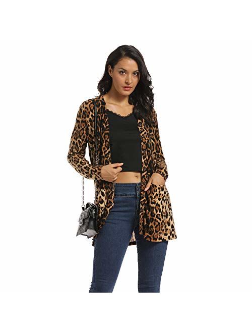 Women Leopard Long Cardigans Coat with Pockets, V Neck Shirt Button Down for Lady, Daily Cardigan Tunic