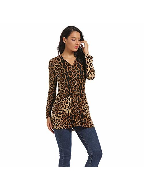 Women Leopard Long Cardigans Coat with Pockets, V Neck Shirt Button Down for Lady, Daily Cardigan Tunic