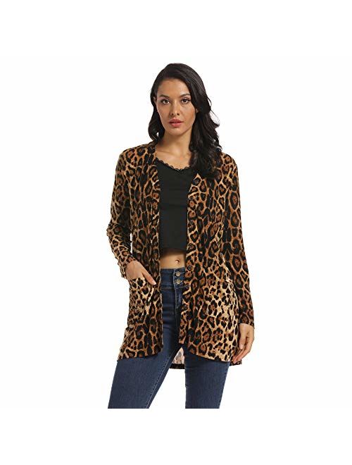 Women Leopard Long Cardigans Coat with Pockets, V Neck Shirt Button Down for Lady, Daily Cardigan Tunic