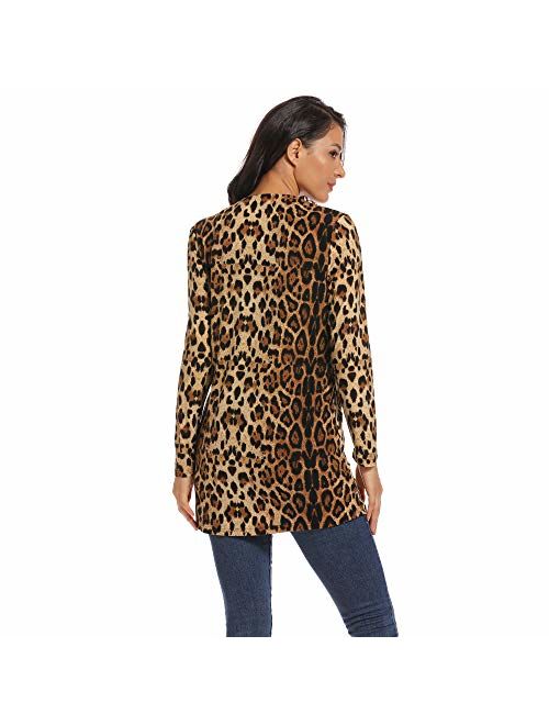 Women Leopard Long Cardigans Coat with Pockets, V Neck Shirt Button Down for Lady, Daily Cardigan Tunic