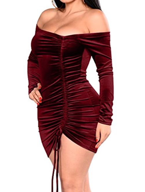 GOBLES Womens Velvet Bodycon Ruched Sexy Off Shoulder Bodycon Mini Club Dress