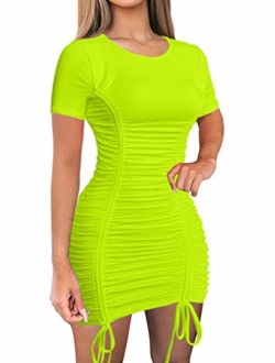 Women Sexy Summer Club Ruched Short Sleeve Drawstring Mini Bodycon Dress