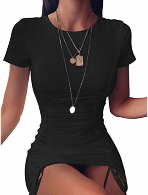 LAGSHIAN Women Sexy Summer Club Ruched Short Sleeve Drawstring Mini Bodycon Dress