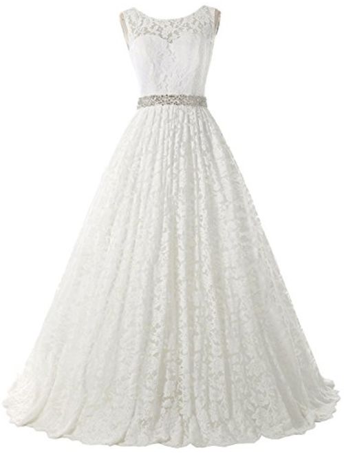 SOLOVEDRESS Women's Ball Gown Lace Princess Wedding Dress 2017 Sash Beaded Bridal Evening Gown