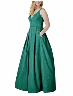 Women's Glittery Spaghetti V-Neck Prom Dresses Long Side Split Formal Evening Gowns