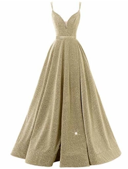 Women's Glittery Spaghetti V-Neck Prom Dresses Long Side Split Formal Evening Gowns