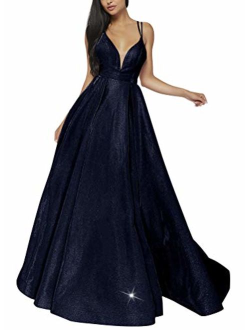 Women's Glittery Spaghetti V-Neck Prom Dresses Long Side Split Formal Evening Gowns