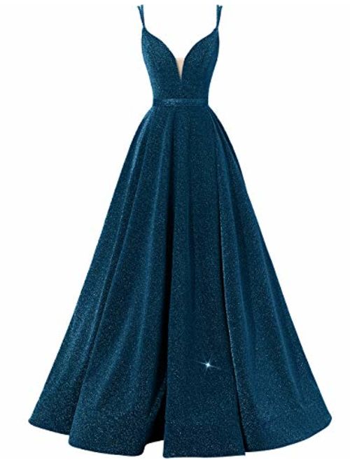 Women's Glittery Spaghetti V-Neck Prom Dresses Long Side Split Formal Evening Gowns