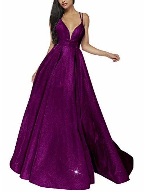 Women's Glittery Spaghetti V-Neck Prom Dresses Long Side Split Formal Evening Gowns