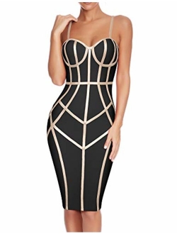 houstil Women's Celebrity Party Dress Spaghetti Strap Bandage Dress with Belt Detail