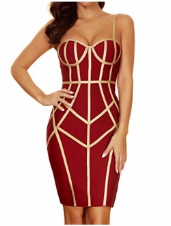 houstil Women's Celebrity Party Dress Spaghetti Strap Bandage Dress with Belt Detail