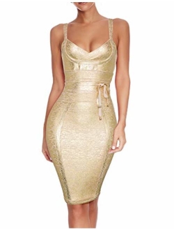 houstil Women's Celebrity Party Dress Spaghetti Strap Bandage Dress with Belt Detail