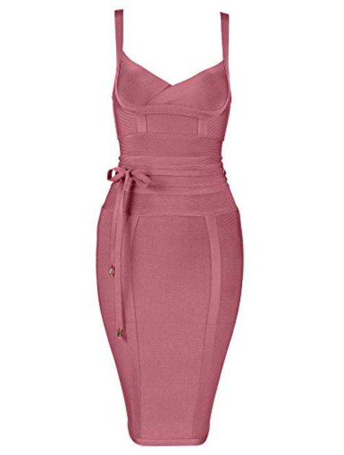 houstil Women's Celebrity Party Dress Spaghetti Strap Bandage Dress with Belt Detail