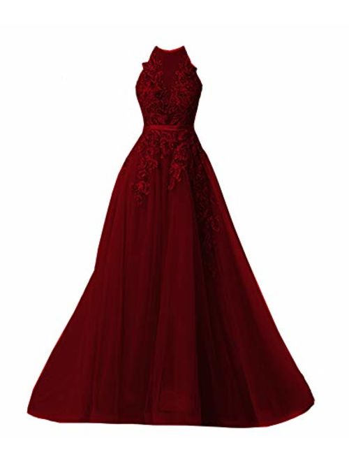 Fanciest Women's Halter Prom Dresses Long 2019 Appliques Backless Evening Formal Dress