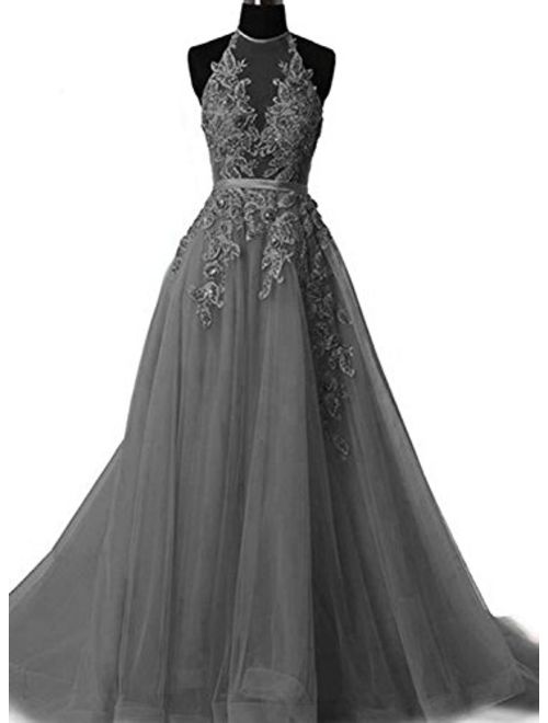 Fanciest Women's Halter Prom Dresses Long 2019 Appliques Backless Evening Formal Dress