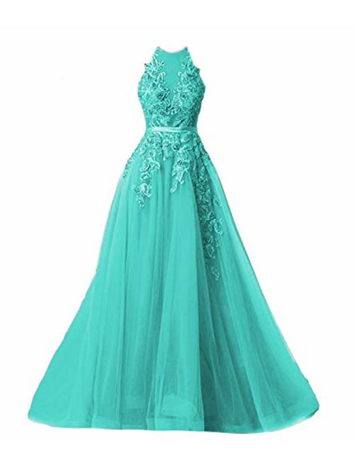 Fanciest Women's Halter Prom Dresses Long 2019 Appliques Backless Evening Formal Dress