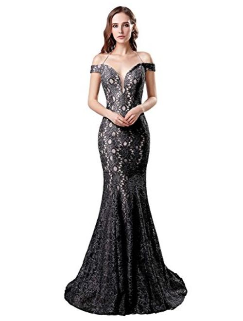 Sarahbridal Women's Lace Mermaid Prom Dresses Long Sequin Beaded Evening Ball Gowns