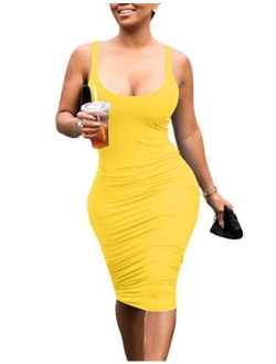 Mokoru Women's Casual Basic Pencil Tank Dress Sexy Sleeveless Bodycon Midi Club Dress