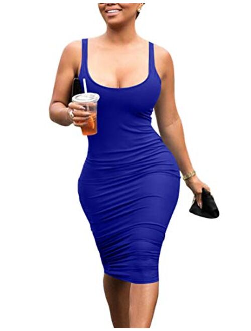 Mokoru Women's Casual Basic Pencil Tank Dress Sexy Sleeveless Bodycon Midi Club Dress