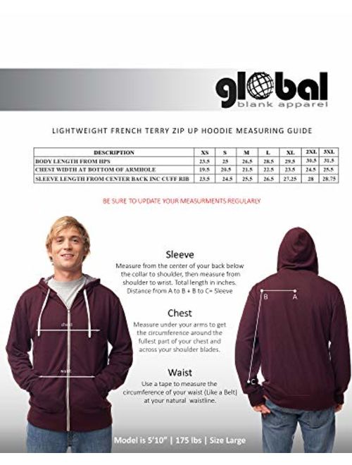 Global Blank Unisex Slim Fit French Terry Lightweight Zip-Up Sweatshirt Hoodie