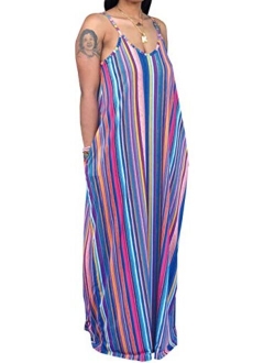 HannahZone Women's Sexy Summer Loose Maxi Dress Beach Casual Floor Length Sleeveless Cami Long Sundress with Pocket