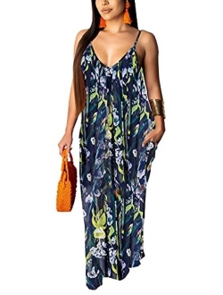 HannahZone Women's Sexy Summer Loose Maxi Dress Beach Casual Floor Length Sleeveless Cami Long Sundress with Pocket