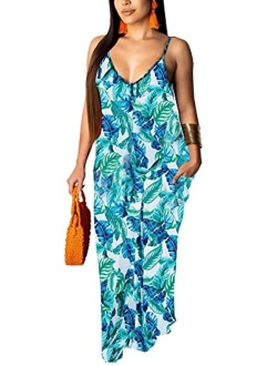 HannahZone Women's Sexy Summer Loose Maxi Dress Beach Casual Floor Length Sleeveless Cami Long Sundress with Pocket