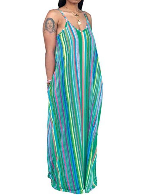 HannahZone Women's Sexy Summer Loose Maxi Dress Beach Casual Floor Length Sleeveless Cami Long Sundress with Pocket