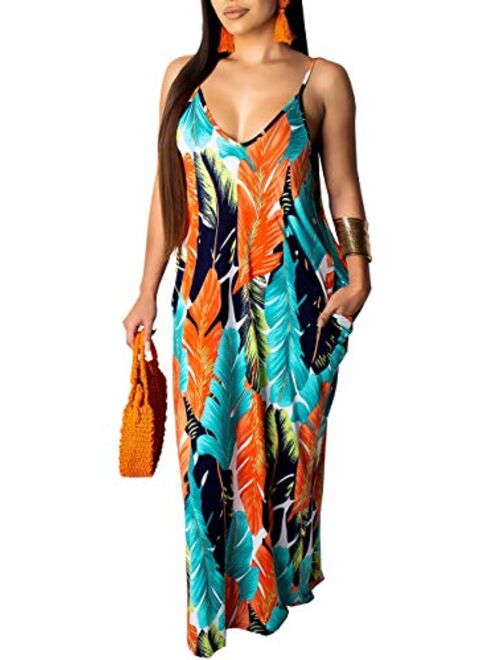 HannahZone Women's Sexy Summer Loose Maxi Dress Beach Casual Floor Length Sleeveless Cami Long Sundress with Pocket