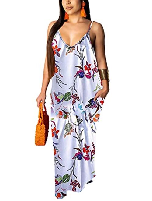 HannahZone Women's Sexy Summer Loose Maxi Dress Beach Casual Floor Length Sleeveless Cami Long Sundress with Pocket