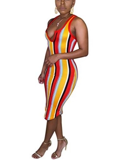 Women Sexy Spaghetti Strap V Neck Rainbow Striped Bodycon Pencil Party Club Summer Dress