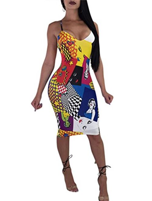 Women Sexy Spaghetti Strap V Neck Rainbow Striped Bodycon Pencil Party Club Summer Dress