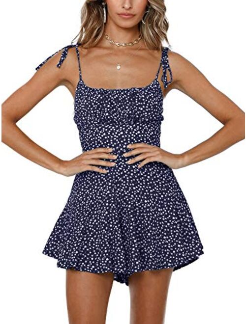 Jeanewpole1 Womens Floral Wide Leg Rompers Spaghetti Strap Tie Ruffle Short Jumpsuits