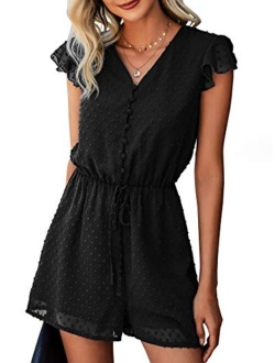 BTFBM Women Fashion Wrap V-Neck Swiss Dot Print Short Sleeve Elastic Waist Plain Summer Pockets Shorts Jumpsuit Romper