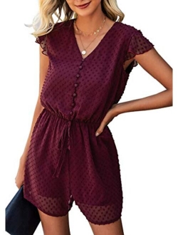 BTFBM Women Fashion Wrap V-Neck Swiss Dot Print Short Sleeve Elastic Waist Plain Summer Pockets Shorts Jumpsuit Romper