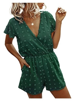 BTFBM Women Fashion Wrap V-Neck Swiss Dot Print Short Sleeve Elastic Waist Plain Summer Pockets Shorts Jumpsuit Romper