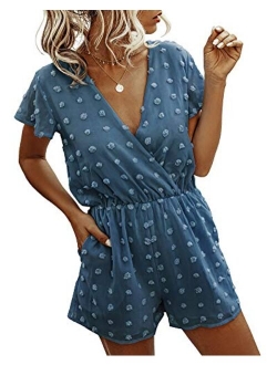 BTFBM Women Fashion Wrap V-Neck Swiss Dot Print Short Sleeve Elastic Waist Plain Summer Pockets Shorts Jumpsuit Romper